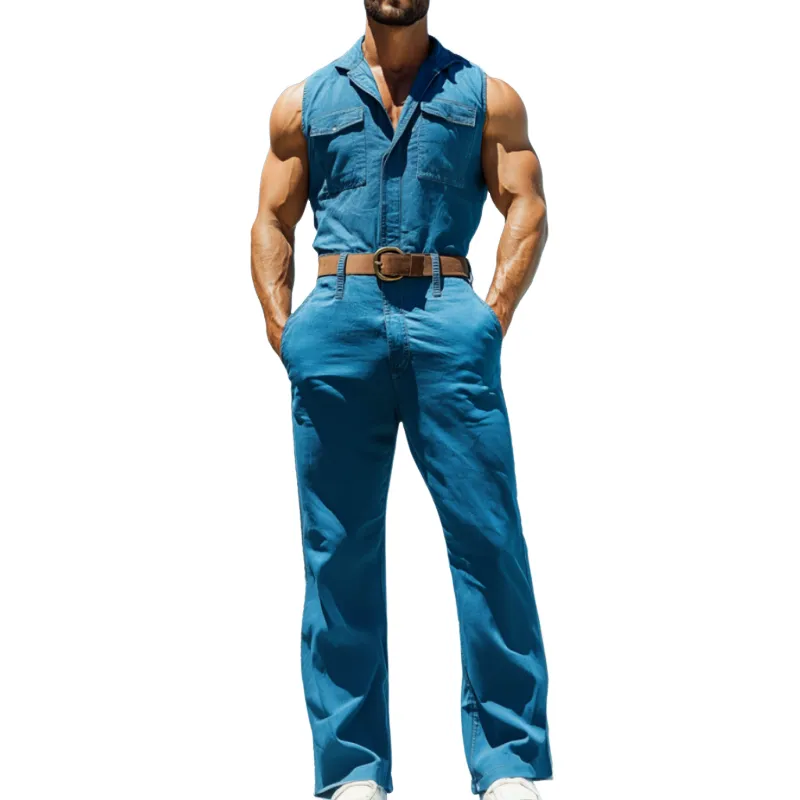 Men's Casual Washed Cotton Lapel Flap Pocket Sleeveless Slim Fit Jumpsuit (Belt Excluded) MTA2550D3M sold by Manly
