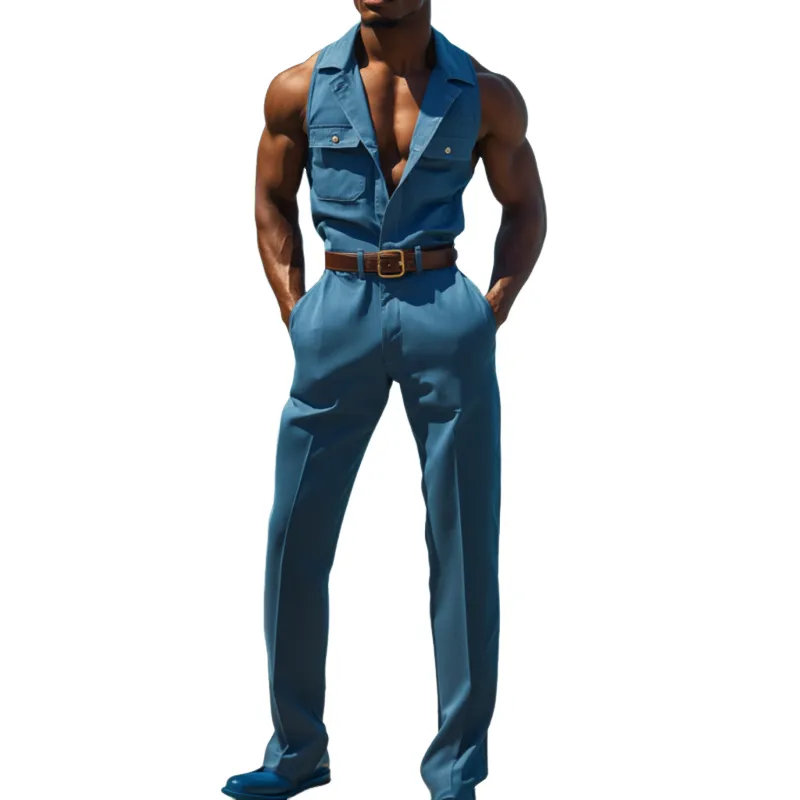 Men's Casual Cotton Blend Lapel Flap Pocket Sleeveless Slim Fit Jumpsuit (Belt Excluded) MTA2562D3M sold by Manly