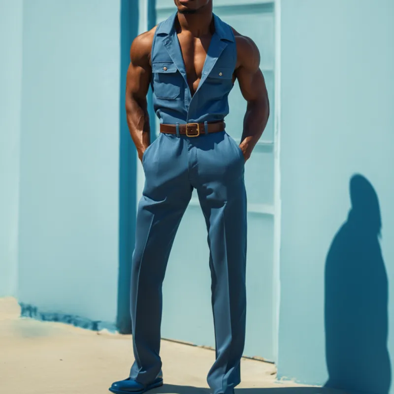 Men's Casual Cotton Blend Lapel Flap Pocket Sleeveless Slim Fit Jumpsuit (Belt Excluded) MTA2562D3M sold by Manly product image thumbnail 2