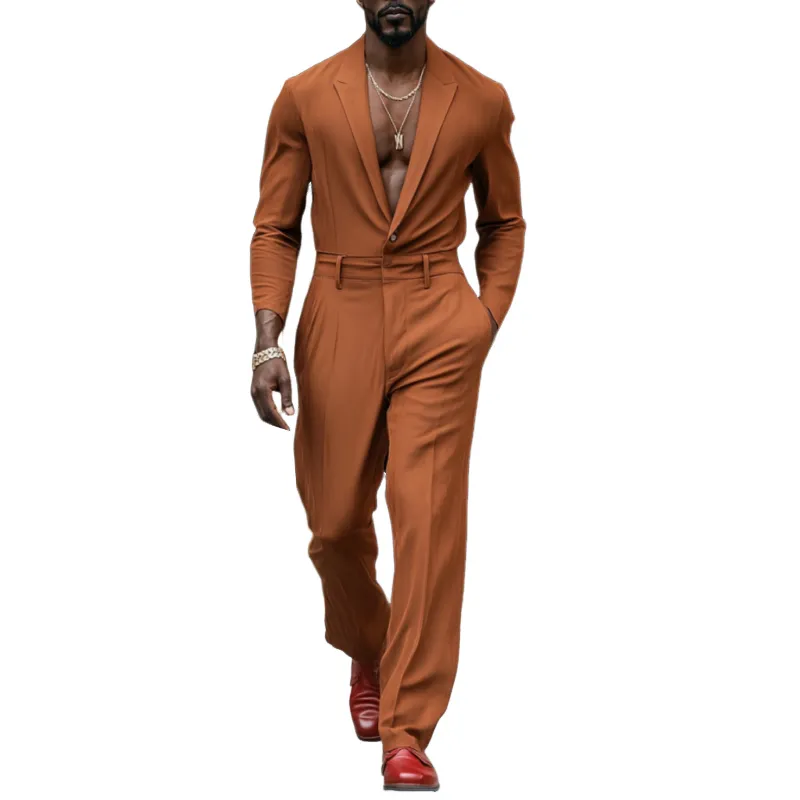 Men's Casual Breathable Cotton Linen Peaked Lapel Long Sleeve Slim Fit Jumpsuit MTA2566D1M sold by Manly