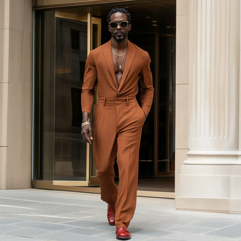 Men's Casual Breathable Cotton Linen Peaked Lapel Long Sleeve Slim Fit Jumpsuit MTA2566D1M sold by Manly product image thumbnail 3