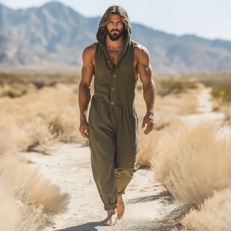 Men's Casual Breathable Cotton Linen Hooded Single-Breasted Sleeveless Loose Jumpsuit MTA2515D5M sold by Manly product image thumbnail 3