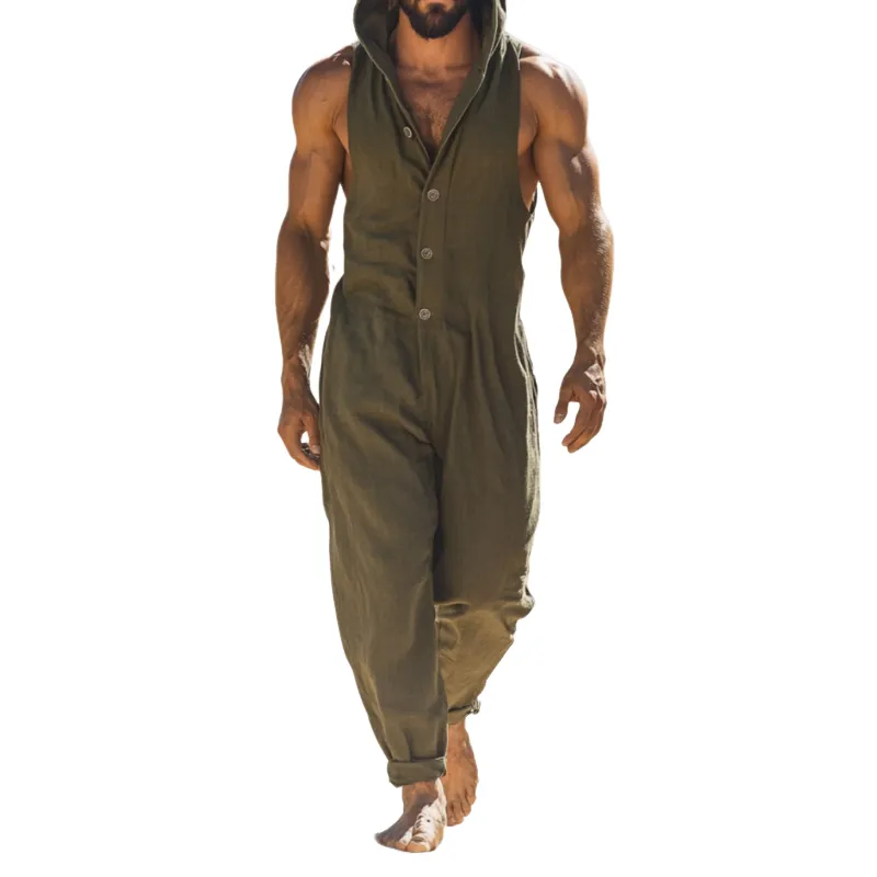 Men's Casual Breathable Cotton Linen Hooded Single-Breasted Sleeveless Loose Jumpsuit MTA2515D5M sold by Manly