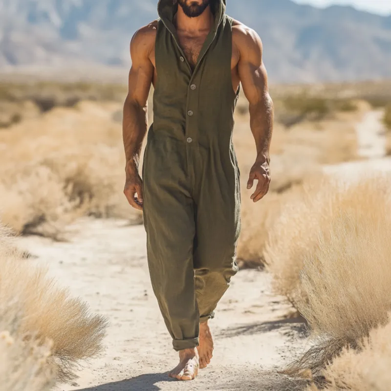Men's Casual Breathable Cotton Linen Hooded Single-Breasted Sleeveless Loose Jumpsuit MTA2515D5M sold by Manly product image thumbnail 2