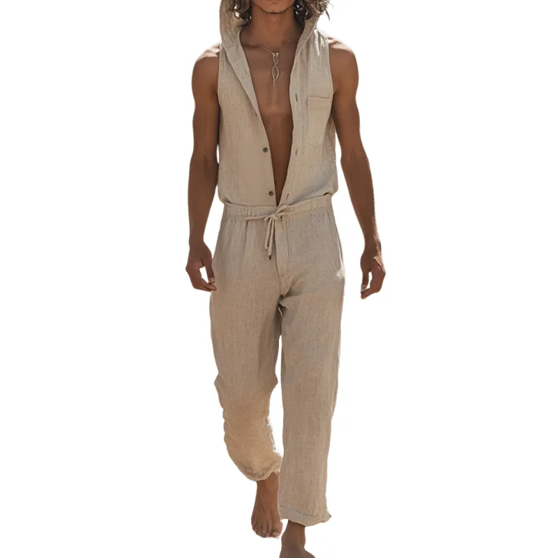 Men's Casual Breathable Cotton Linen Hooded Single-Breasted Sleeveless Slim Fit Jumpsuit MTA2592D3M sold by Manly