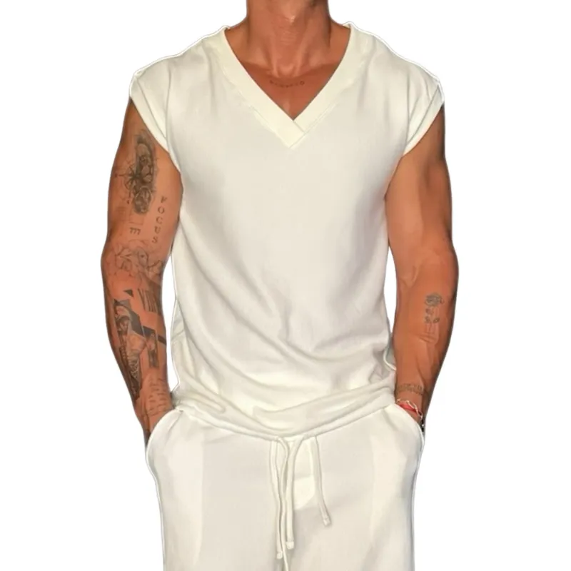 Men's Casual High Quality Breathable Cotton V-Neck Loose Tank Top MTA2463D0M sold by Manly