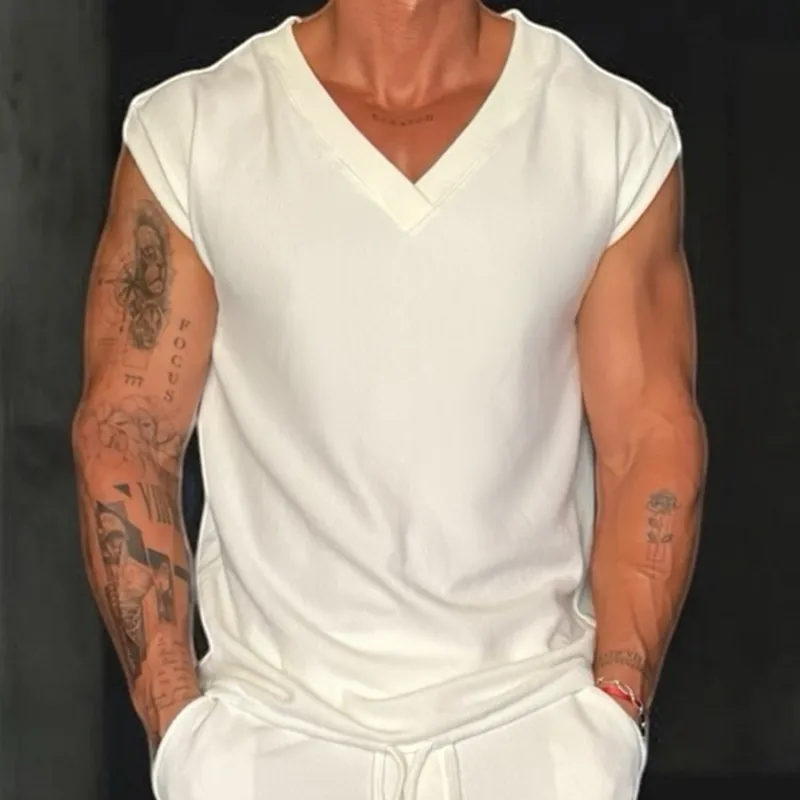 Men's Casual High Quality Breathable Cotton V-Neck Loose Tank Top MTA2463D0M sold by Manly product image thumbnail 3