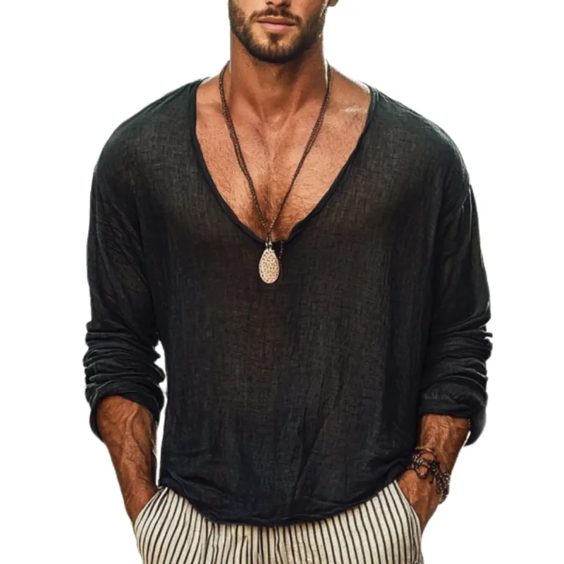 Men's Casual Breathable Cotton Linen U-Neck Loose Long Sleeve T-Shirt MTA2483D7M sold by Manly