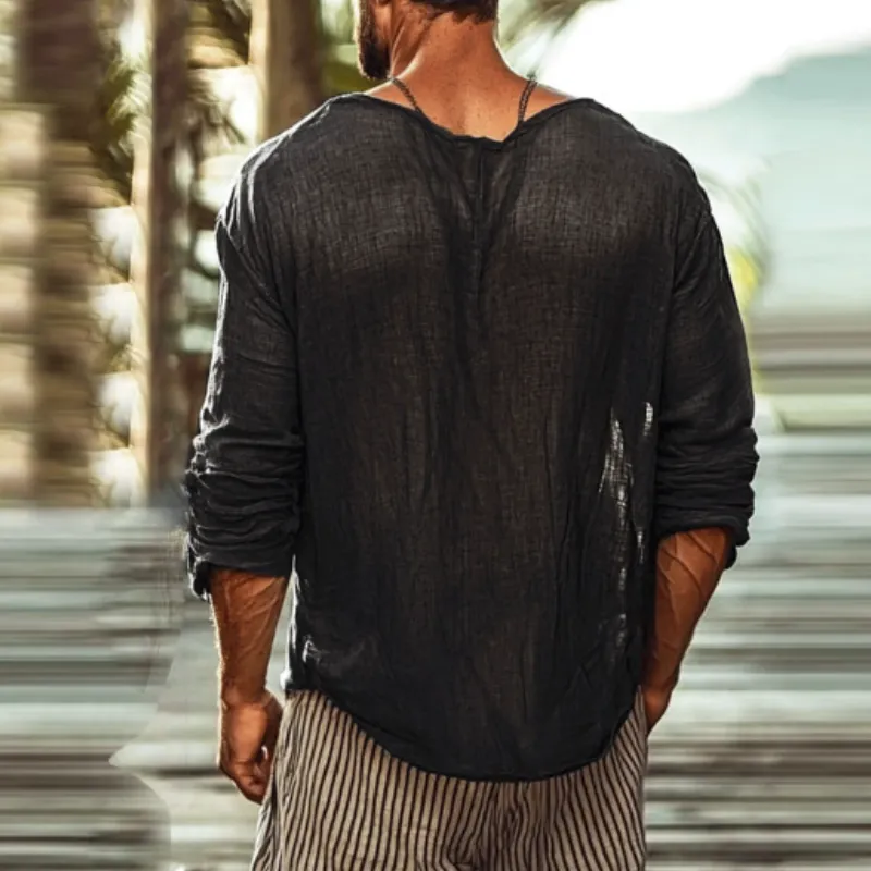 Men's Casual Breathable Cotton Linen U-Neck Loose Long Sleeve T-Shirt MTA2483D7M sold by Manly product image thumbnail 3