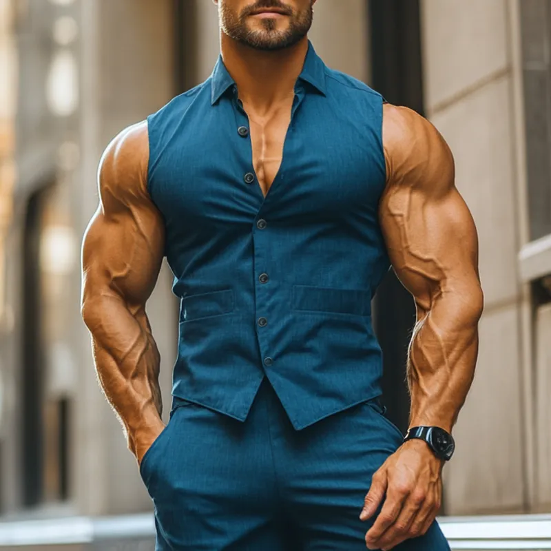 Men's Casual Breathable Cotton Linen Lapel Slim Fit Sleeveless Shirt MTA2575D9M sold by Manly product image thumbnail 2