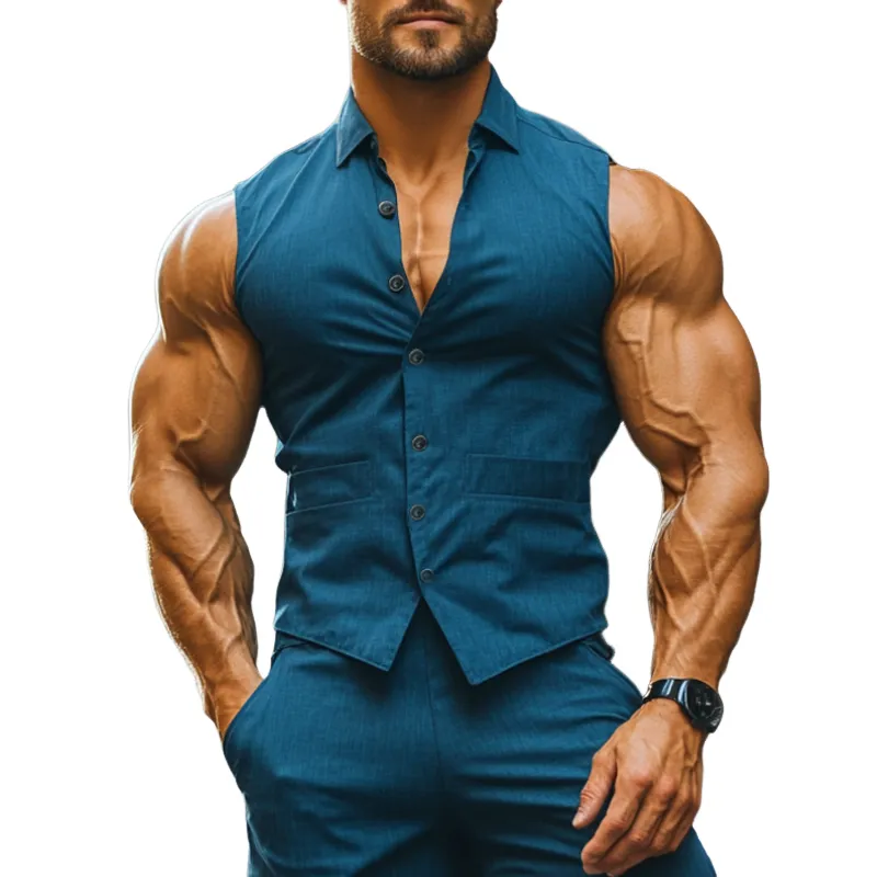 Men's Casual Breathable Cotton Linen Lapel Slim Fit Sleeveless Shirt MTA2575D9M sold by Manly