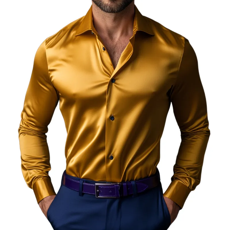Men's Vintage Satin Lapel Single Breasted Slim Fit Long Sleeve Shirt MTA2591D7M sold by Manly