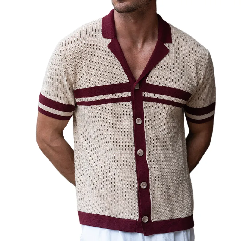 Men's Vintage Contrast Color Lapel Single Breasted Slim Fit Short Sleeve Knitted Shirt MTA2407D0M sold by Manly