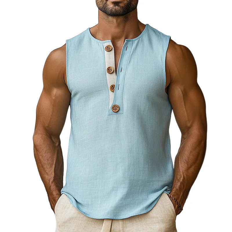 Men's Summer Fashion Hawaiian Vacation Style Ramie Henley Collar Wooden Button Tank Top MTA2590D8K sold by Manly