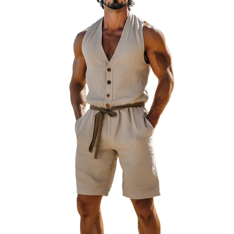Men's Summer Fashion Casual Hawaiian Holiday Style Cotton and linen Wooden Button Jumpsuit(Without belt) MTA2501D7K sold by Manly