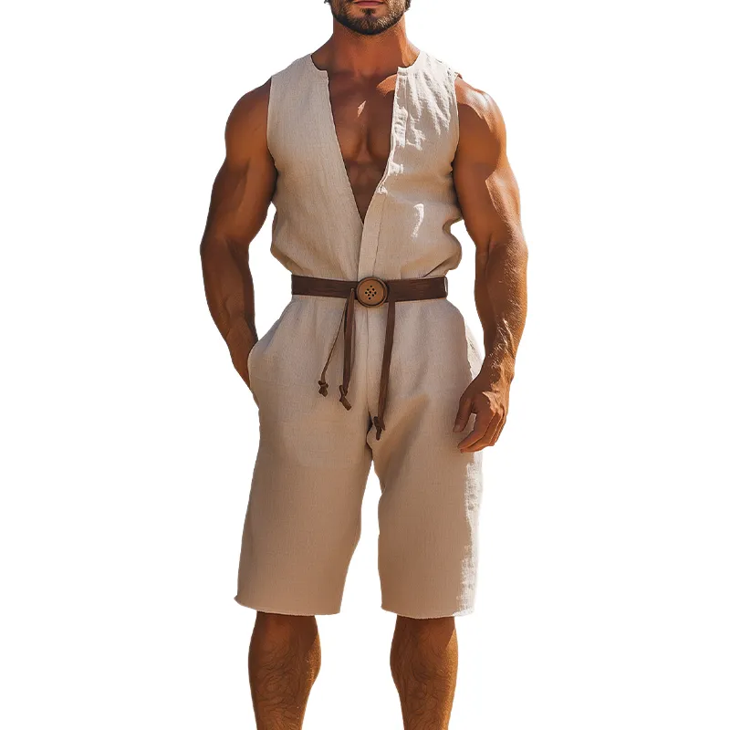 Men's Summer Fashion Casual Hawaiian Vacation Style Cotton and Linen Deep V-Neck Jumpsuit（Without belt）MTA2514D4K sold by Manly