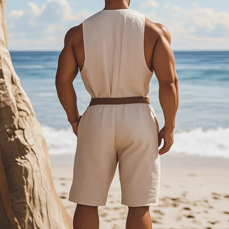 Men's Summer Fashion Casual Hawaiian Vacation Style Cotton and Linen Deep V-Neck Jumpsuit(Without belt)MTA2514D4K sold by Manly product image thumbnail 3