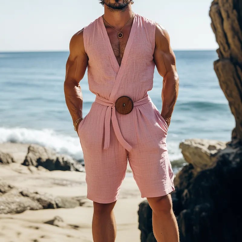 Men's Summer Fashion Hawaiian Holiday Style Cotton and Linen Deep V-neck Jumpsuit (Including Fabric Belt) MTA2502D1K sold by Manly product image thumbnail 2