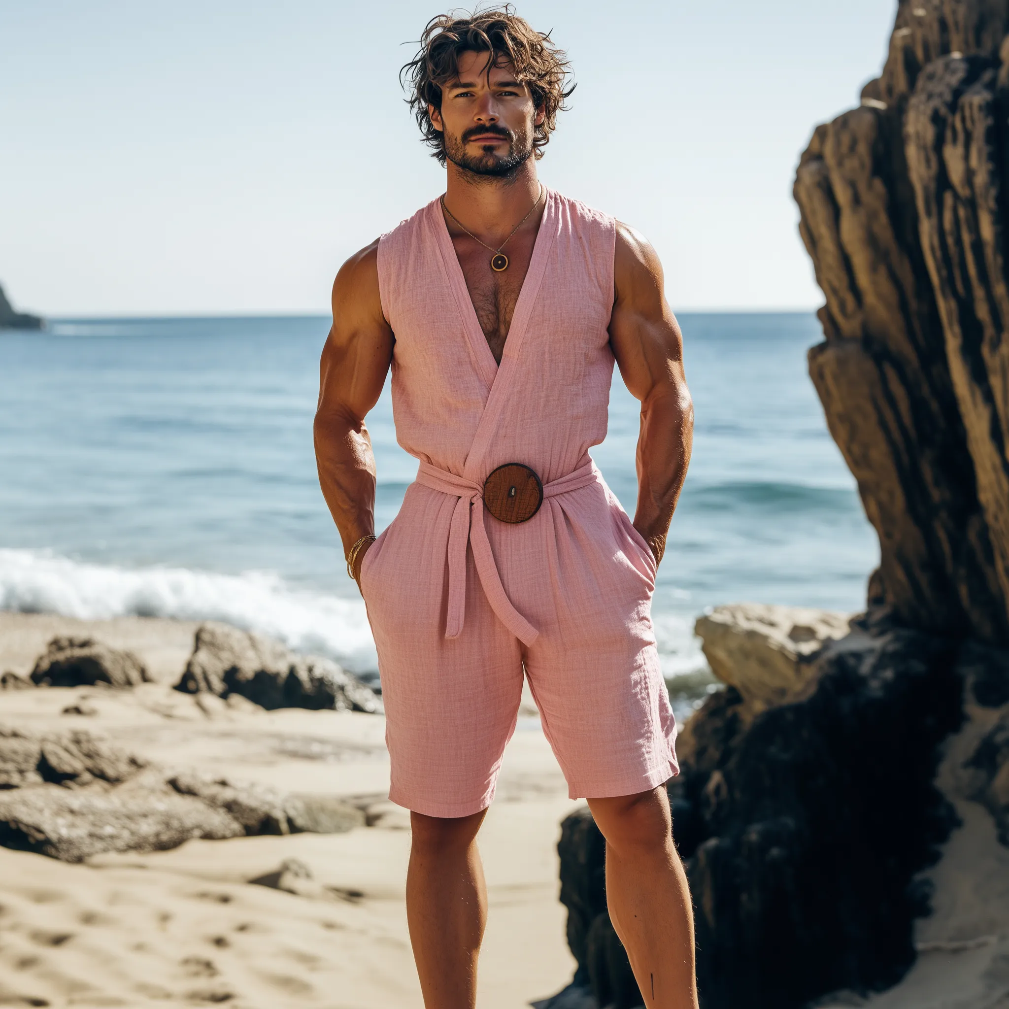 Men's Summer Fashion Hawaiian Holiday Style Cotton and Linen Deep V-neck Jumpsuit (Including Fabric Belt) MTA2502D1K sold by Manly product image thumbnail 3