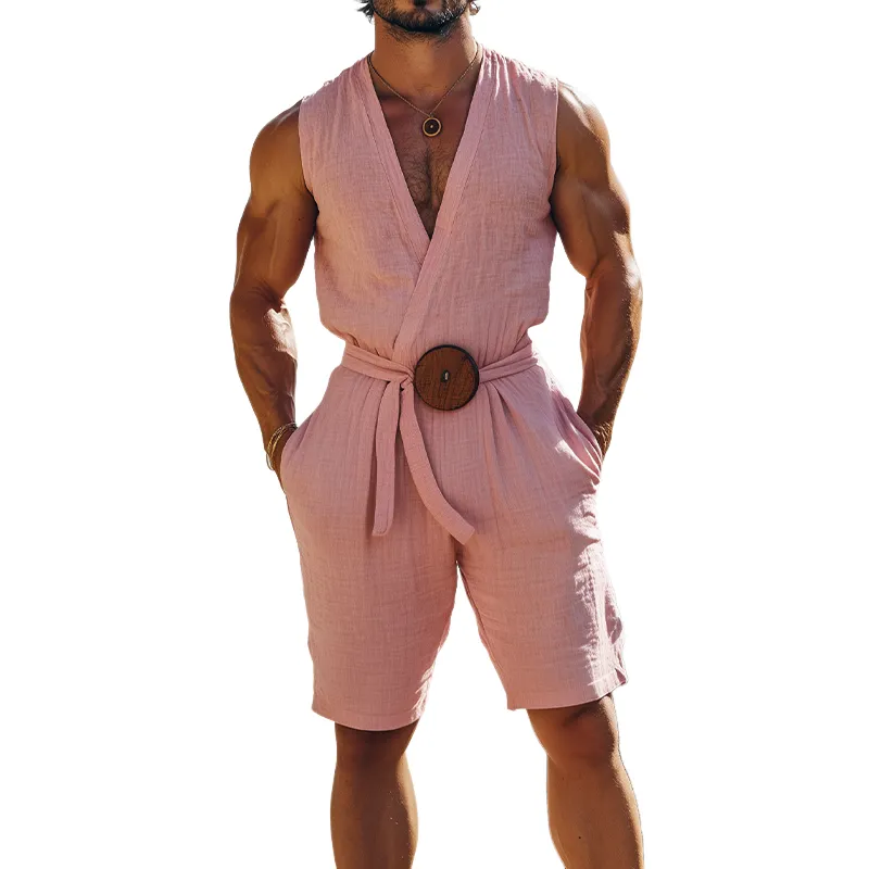 Men's Summer Fashion Hawaiian Holiday Style Cotton and Linen Deep V-neck Jumpsuit (Including Fabric Belt) MTA2502D1K sold by Manly