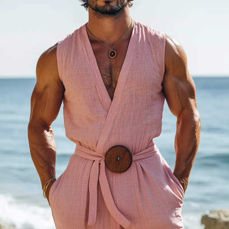 Men's Summer Fashion Hawaiian Holiday Style Cotton and Linen Deep V-neck Jumpsuit (Including Fabric Belt) MTA2502D1K sold by Manly product image thumbnail 4