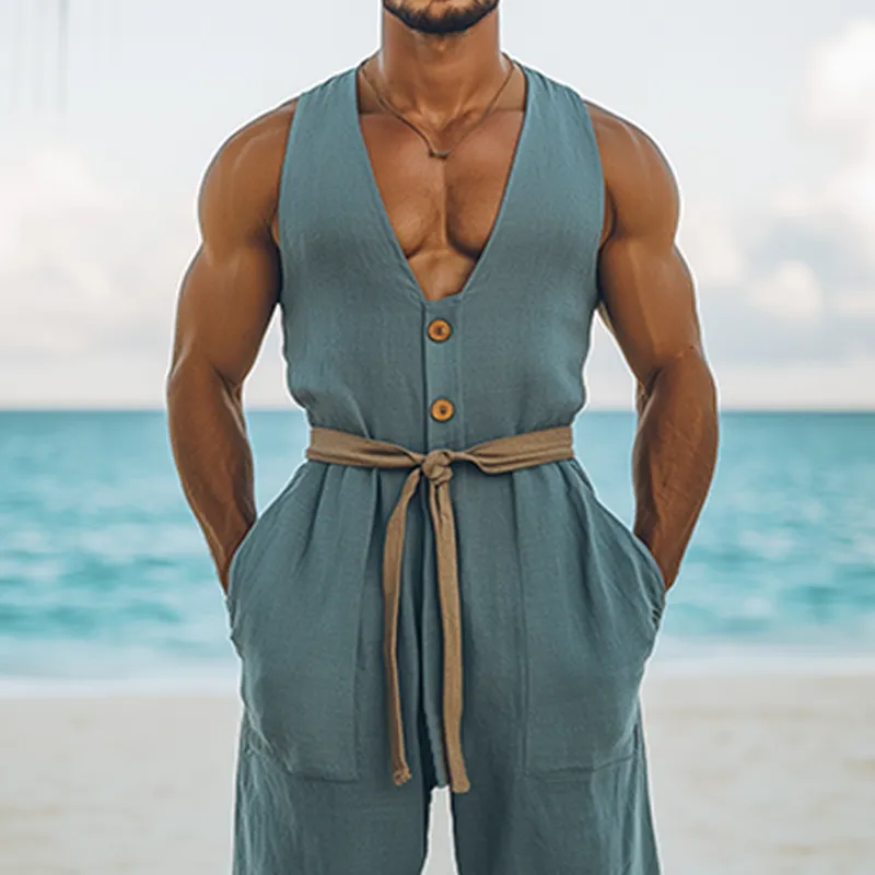 Men's Summer Fashion Hawaiian Vacation Style Cotton and Linen Wood Button Deep V Neck Jumpsuit (Without Belt) MTA2578D8K sold by Manly product image thumbnail 5