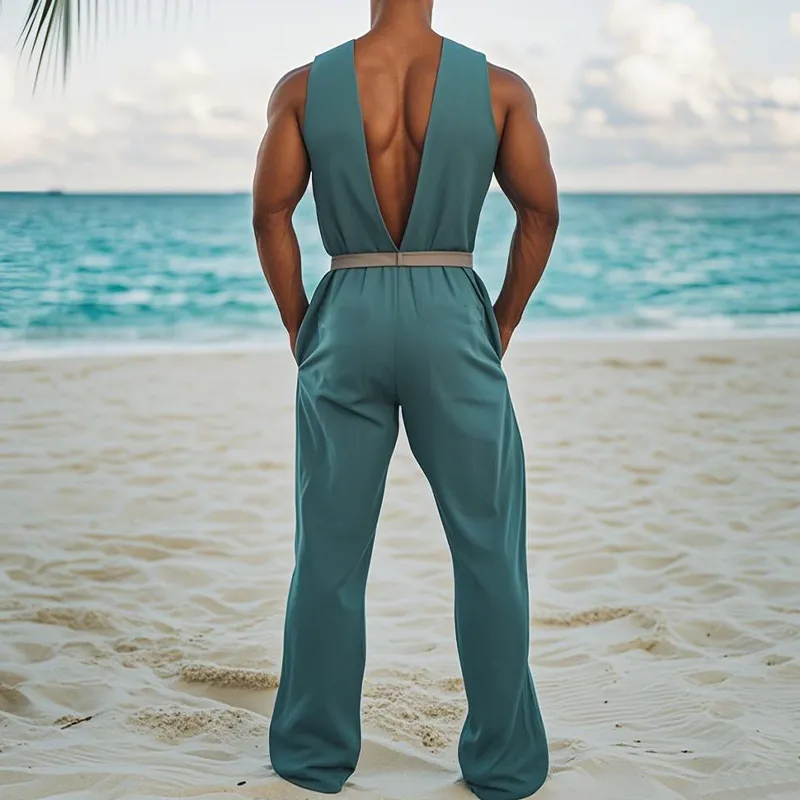 Men's Summer Fashion Hawaiian Vacation Style Cotton and Linen Wood Button Deep V Neck Jumpsuit (Without Belt) MTA2578D8K sold by Manly product image thumbnail 3