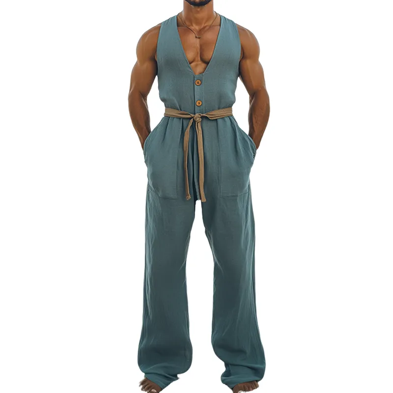 Men's Summer Fashion Hawaiian Vacation Style Cotton and Linen Wood Button Deep V Neck Jumpsuit (Without Belt) MTA2578D8K sold by Manly