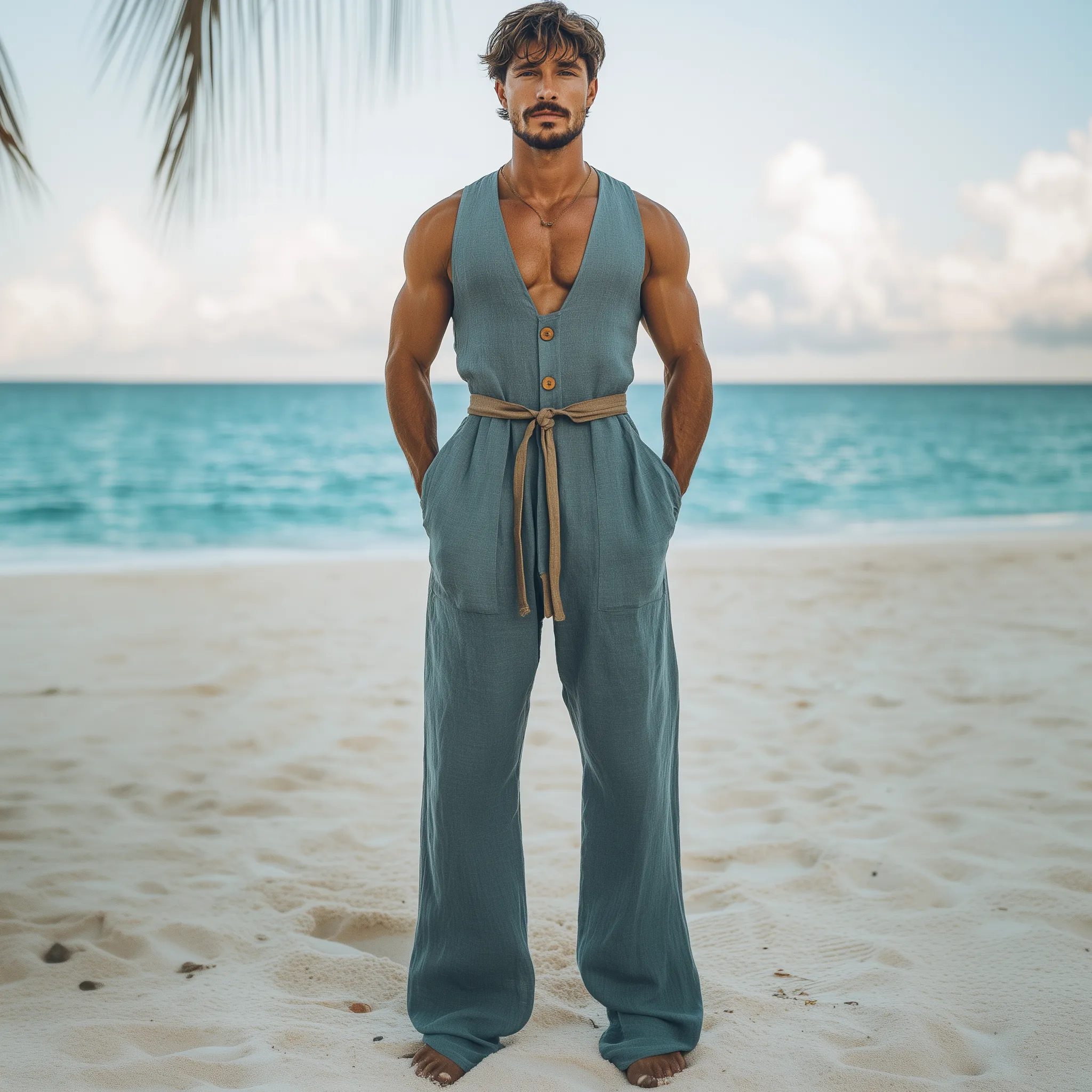 Men's Summer Fashion Hawaiian Vacation Style Cotton and Linen Wood Button Deep V Neck Jumpsuit (Without Belt) MTA2578D8K sold by Manly product image thumbnail 4