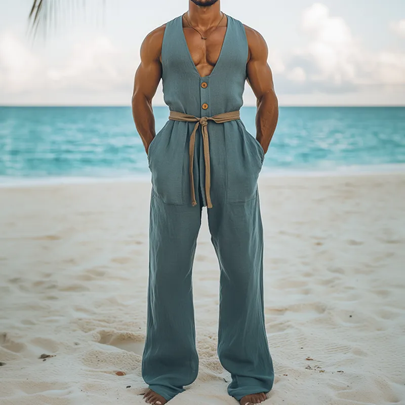 Men's Summer Fashion Hawaiian Vacation Style Cotton and Linen Wood Button Deep V Neck Jumpsuit (Without Belt) MTA2578D8K sold by Manly product image thumbnail 2