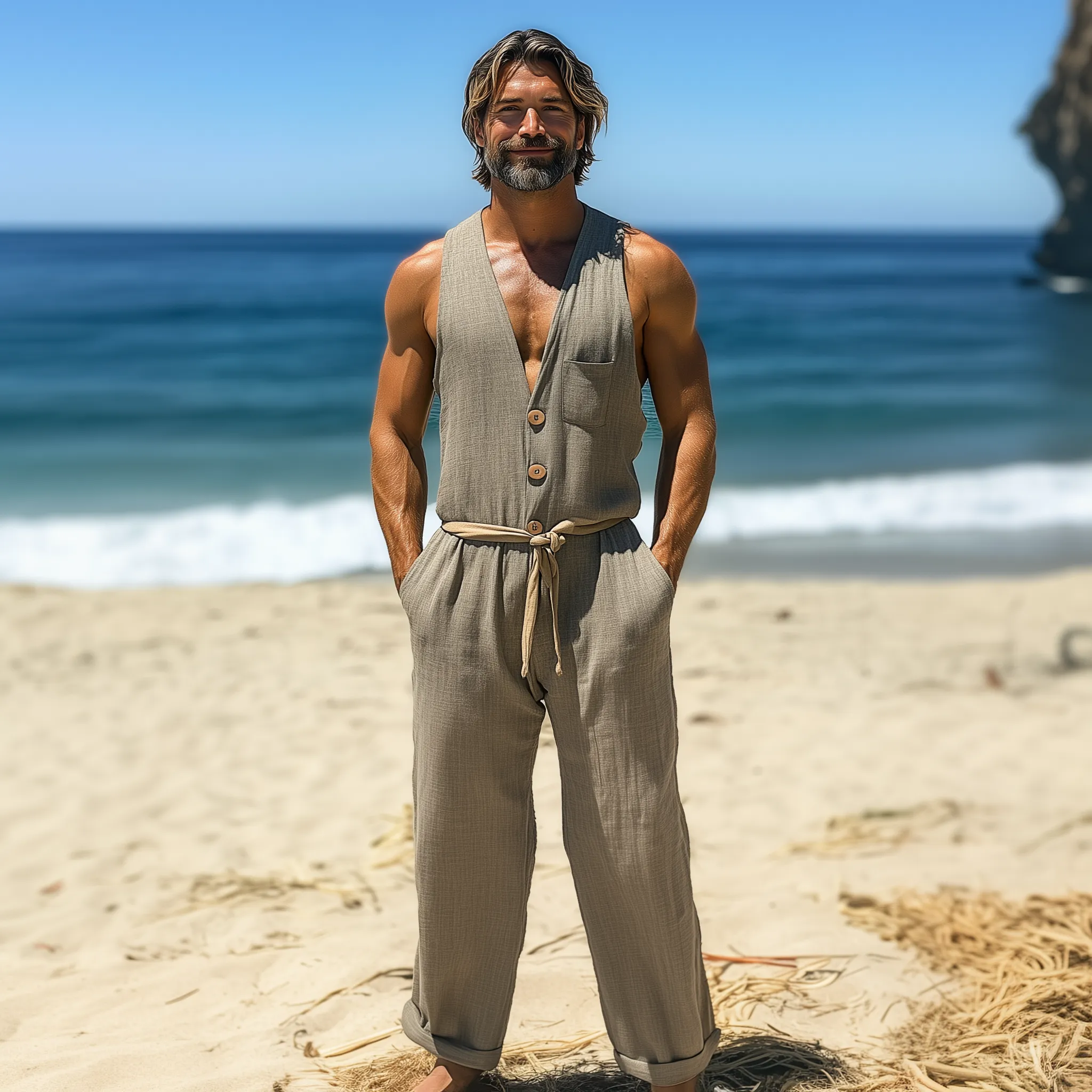Men's Summer Fashion Casual Hawaiian Vacation Style Cotton and Linen Pocket Jumpsuit (Without Belt) MTA2523D3K sold by Manly product image thumbnail 4