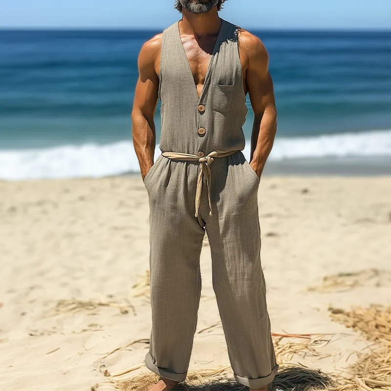 Men's Summer Fashion Casual Hawaiian Vacation Style Cotton and Linen Pocket Jumpsuit (Without Belt) MTA2523D3K sold by Manly product image thumbnail 2