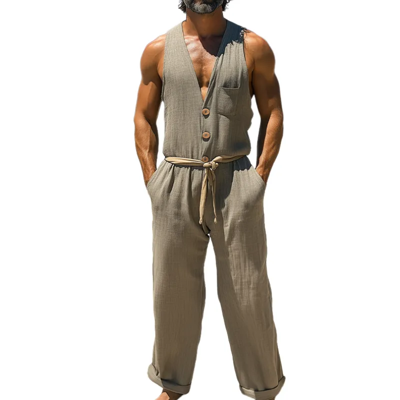 Men's Summer Fashion Casual Hawaiian Vacation Style Cotton and Linen Pocket Jumpsuit (Without Belt)  MTA2523D3K sold by Manly