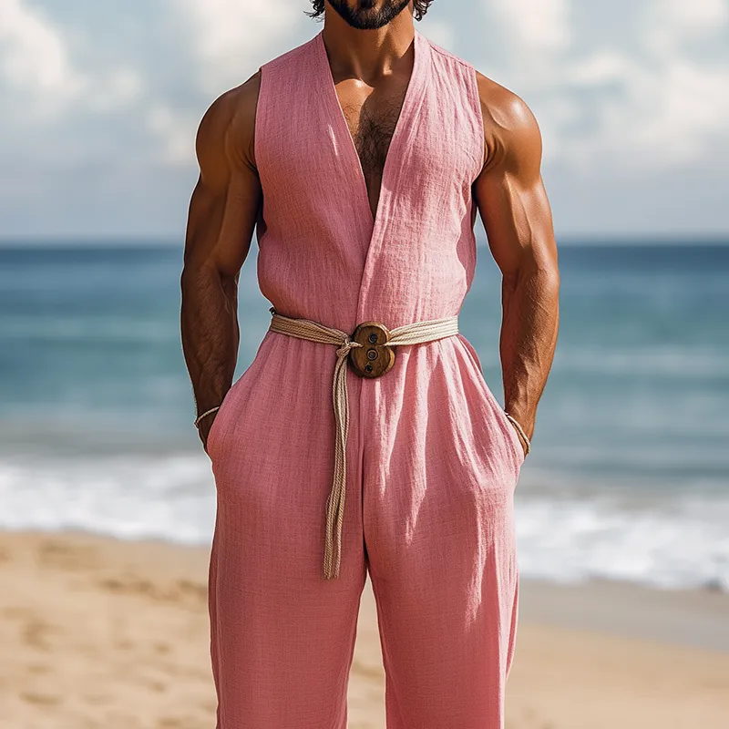 Men's Summer Fashion Hawaiian Vacation Style Cotton and Linen Deep V-Neck Jumpsuit (Without Belt) MTA2553D2K sold by Manly product image thumbnail 5