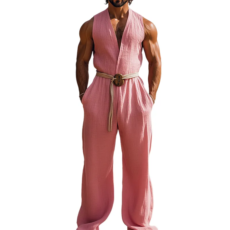 Men's Summer Fashion Hawaiian Vacation Style Cotton and Linen Deep V-Neck Jumpsuit (Without Belt) MTA2553D2K sold by Manly