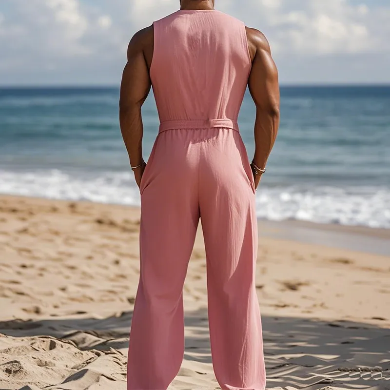 Men's Summer Fashion Hawaiian Vacation Style Cotton and Linen Deep V-Neck Jumpsuit (Without Belt) MTA2553D2K sold by Manly product image thumbnail 3