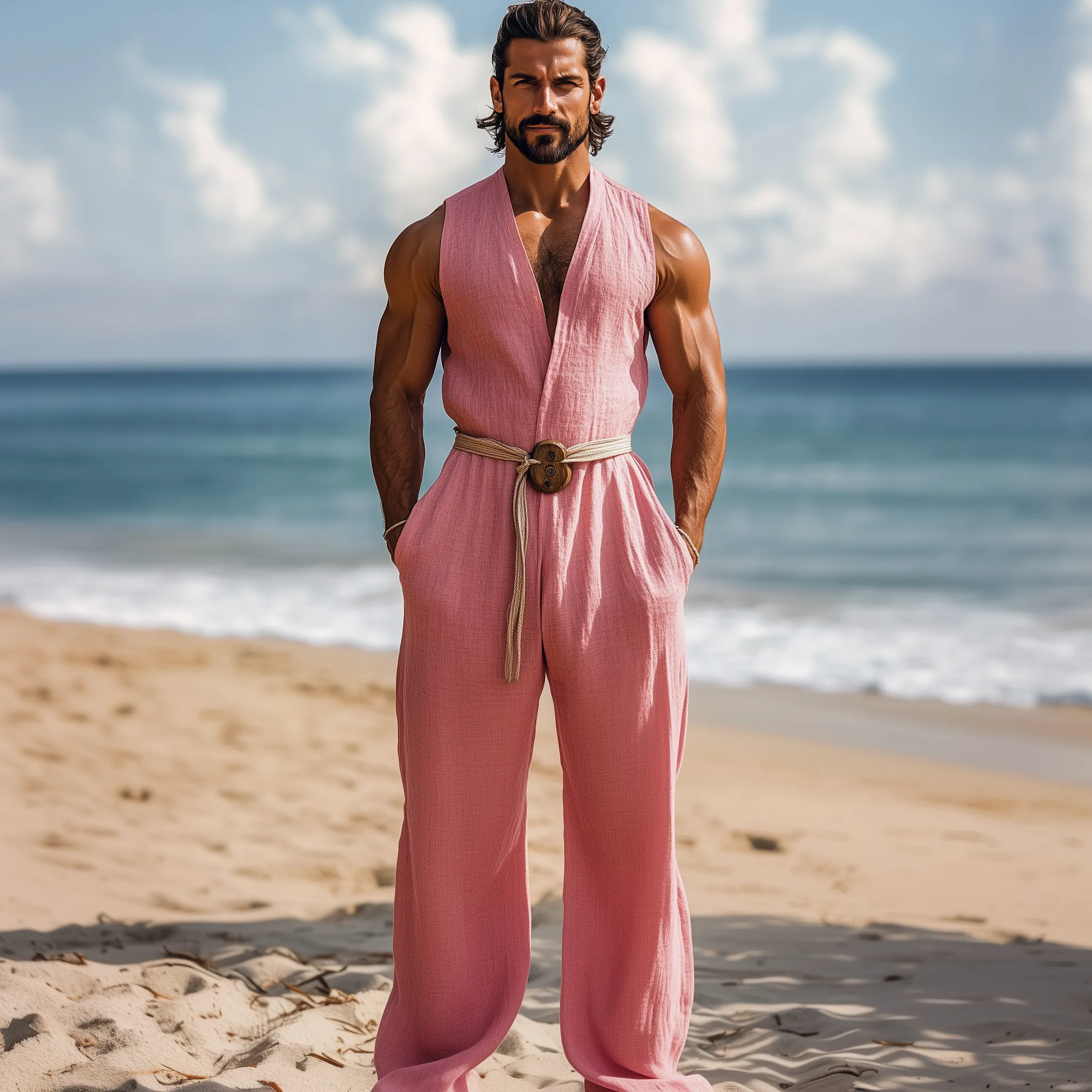 Men's Summer Fashion Hawaiian Vacation Style Cotton and Linen Deep V-Neck Jumpsuit (Without Belt) MTA2553D2K sold by Manly product image thumbnail 4