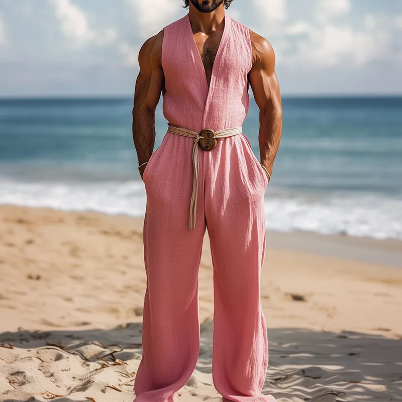 Men's Summer Fashion Hawaiian Vacation Style Cotton and Linen Deep V-Neck Jumpsuit (Without Belt) MTA2553D2K sold by Manly product image thumbnail 2