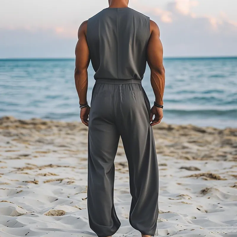 Men's Summer Fashion Hawaiian Vacation Style Cotton and Linen Deep V-Neck Wooden Buckle Elastic Leg Jumpsuit (Without Belt) MTA2556D5K sold by Manly product image thumbnail 3