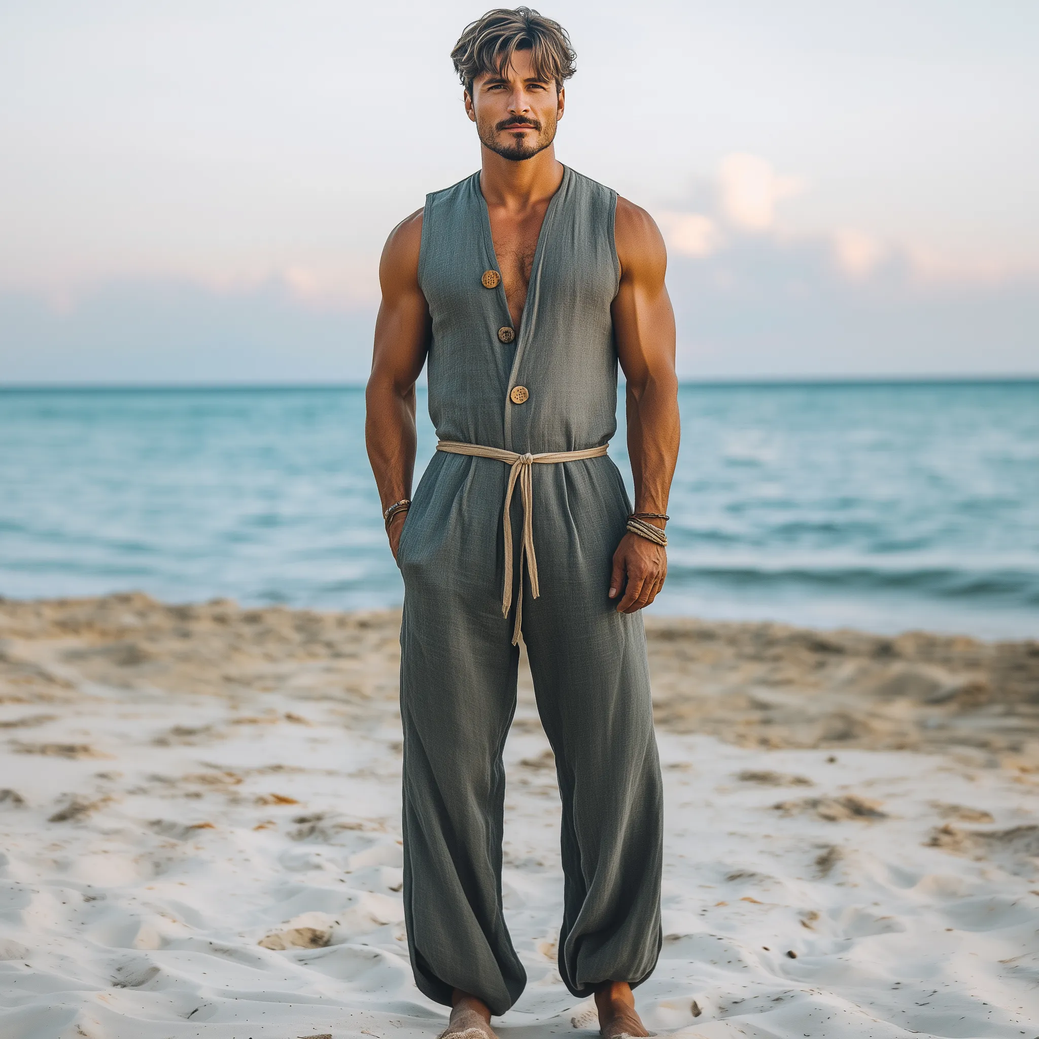 Men's Summer Fashion Hawaiian Vacation Style Cotton and Linen Deep V-Neck Wooden Buckle Elastic Leg Jumpsuit (Without Belt) MTA2556D5K sold by Manly product image thumbnail 4