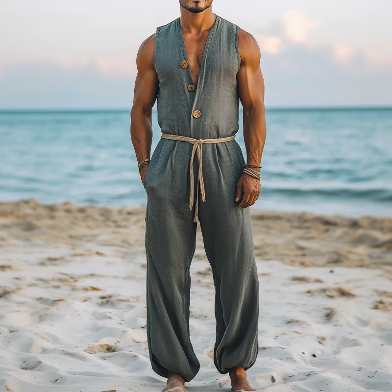 Men's Summer Fashion Hawaiian Vacation Style Cotton and Linen Deep V-Neck Wooden Buckle Elastic Leg Jumpsuit (Without Belt) MTA2556D5K sold by Manly product image thumbnail 2