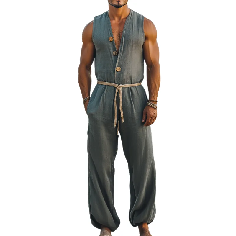 Men's Summer Fashion Hawaiian Vacation Style Cotton and Linen Deep V-Neck Wooden Buckle Elastic Leg Jumpsuit (Without Belt) MTA2556D5K sold by Manly