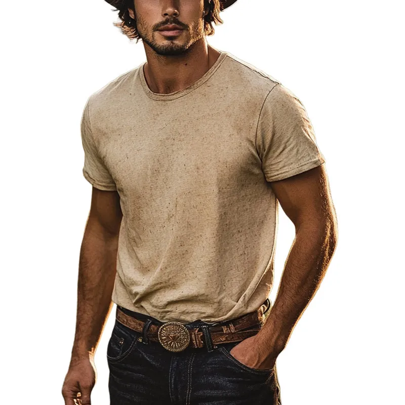 Men's Loose Cotton Linen Round Neck Short Sleeve Western Denim T-Shirt MTA2888D9X sold by Manly