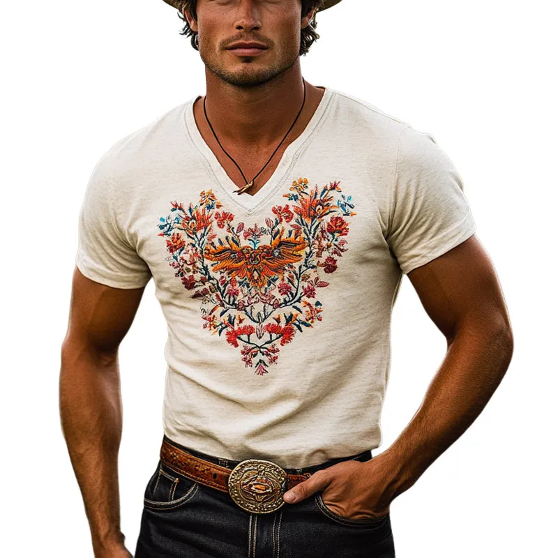 Men's Embroidered Round Neck Short Sleeve Western T-Shirt MTA2822D5X sold by Manly