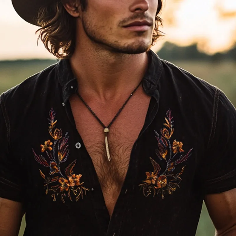 【24-hour shipping out】Men's Vintage Embroidered Lapel Short Sleeve Shirt MTA2889D1X sold by Manly product image thumbnail 3