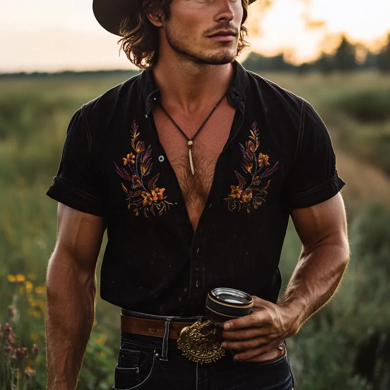 【24-hour shipping out】Men's Vintage Embroidered Lapel Short Sleeve Shirt MTA2889D1X sold by Manly product image thumbnail 2