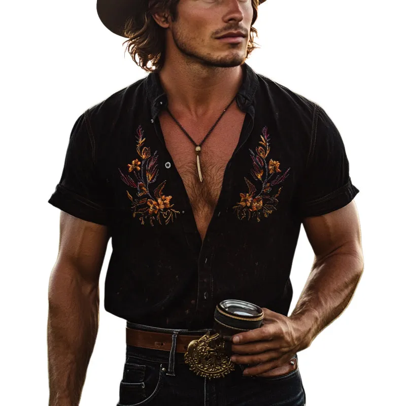 【24-hour shipping out】Men's Vintage Embroidered Lapel Short Sleeve Shirt MTA2889D1X sold by Manly