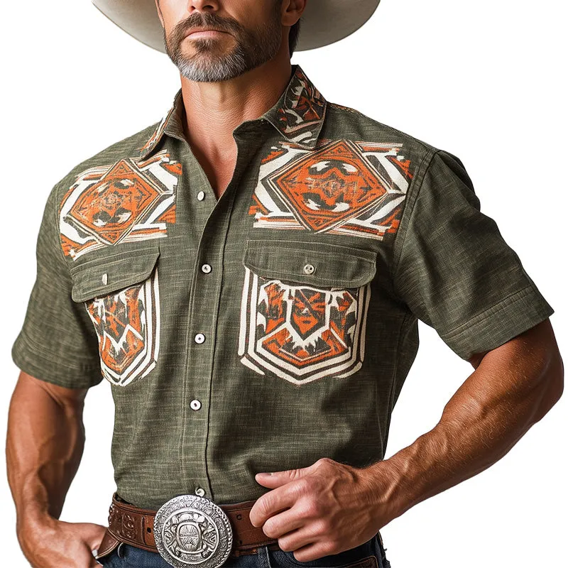 Men's Summer Western Printed Linen Blend Short Sleeve Shirt MTA2860D3P sold by Manly