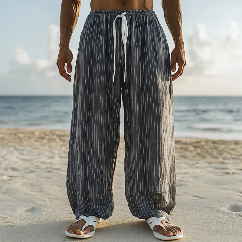Men's Casual Breathable Cotton Linen Striped Elastic Waist Loose Wide Leg Pants MTA2753D3M sold by Manly product image thumbnail 2