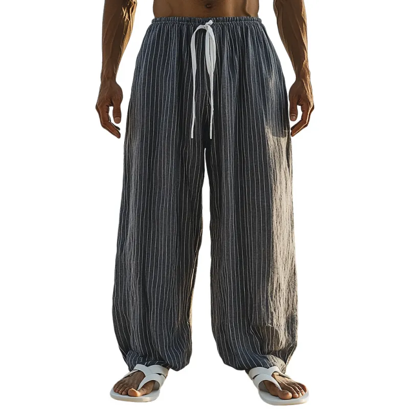 Men's Casual Breathable Cotton Linen Striped Elastic Waist Loose Wide Leg Pants MTA2753D3M sold by Manly